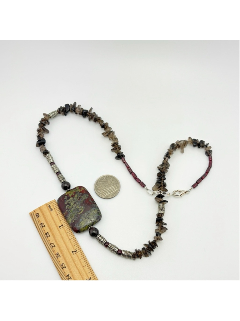 Vintage Necklace Dragon's Blood Jasper Smokey Quartz Garnet Sterling Silver - Picture 6 of 8